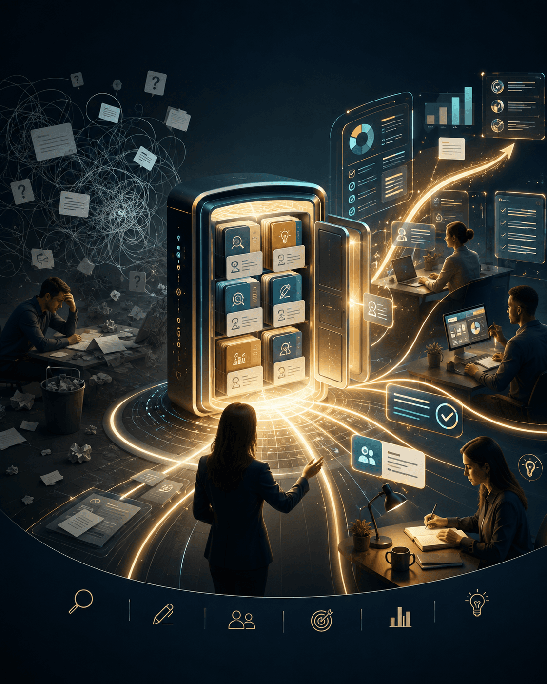 A visual workspace showing connected prompt tools, organized inputs, and guided creative workflows