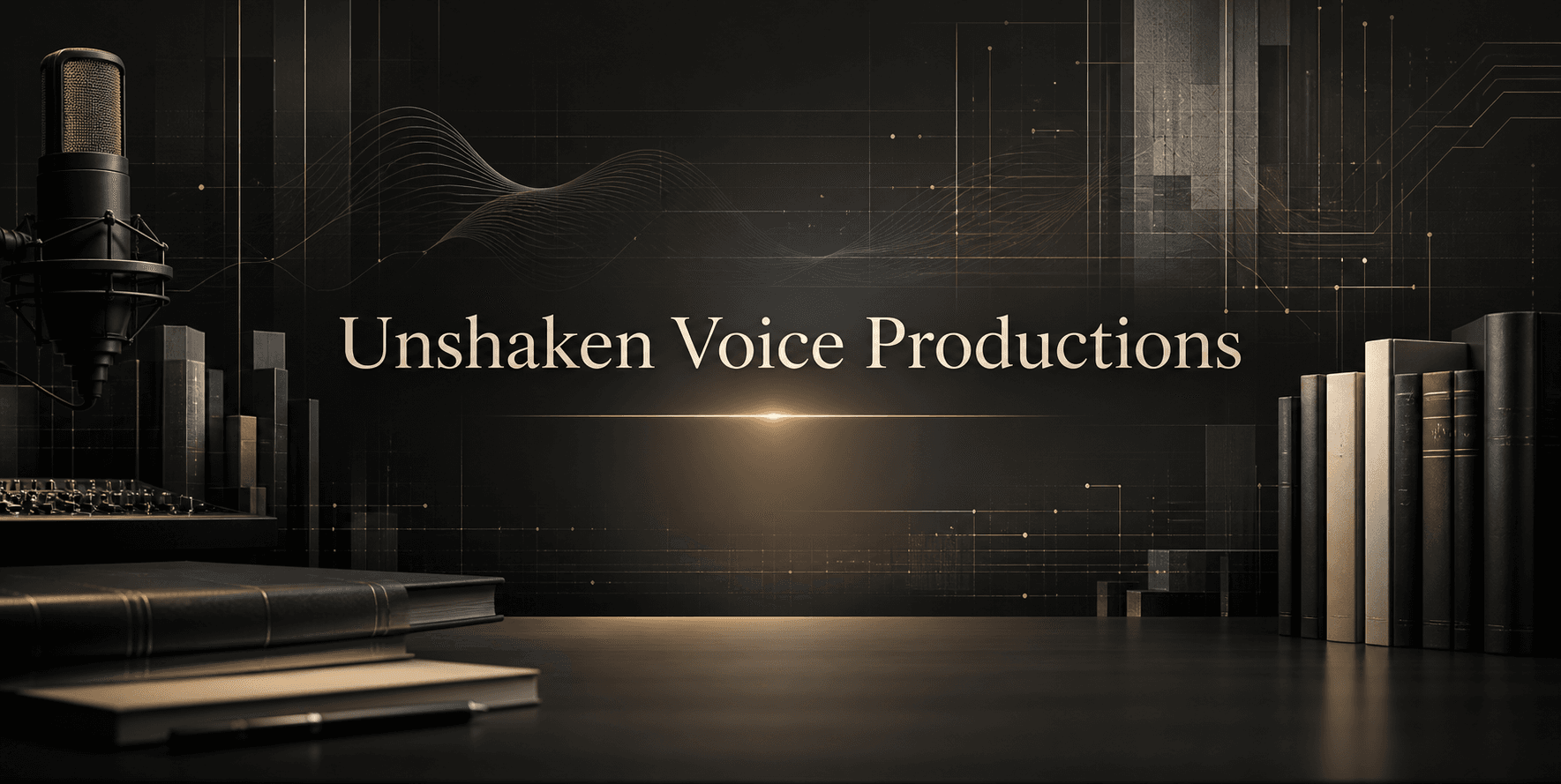 Unshaken Voice Productions studio artwork combining a microphone, publishing, media, and connected technology