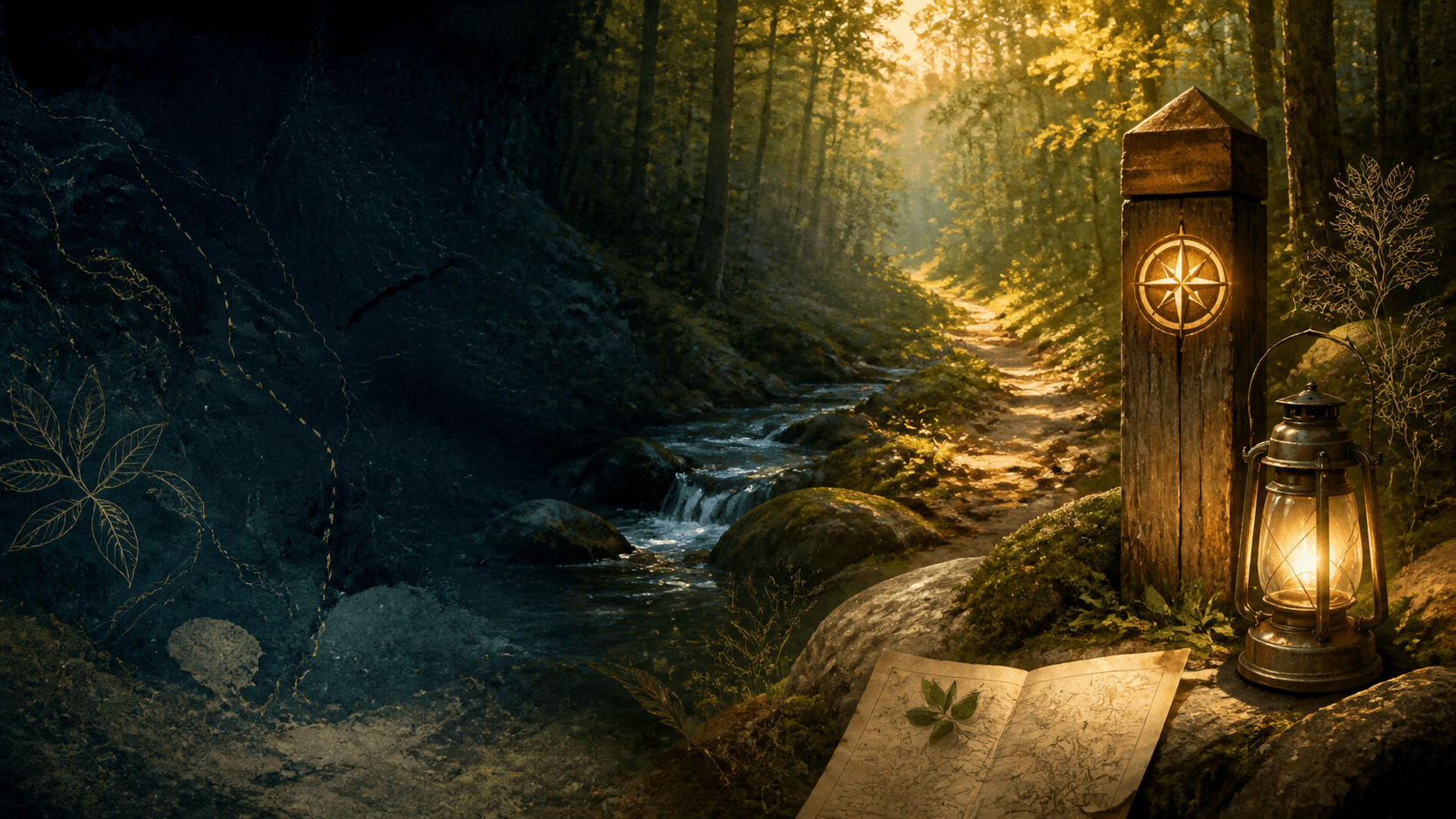 Tennessee woodland trail, creek, compass marker, and lantern at sunrise