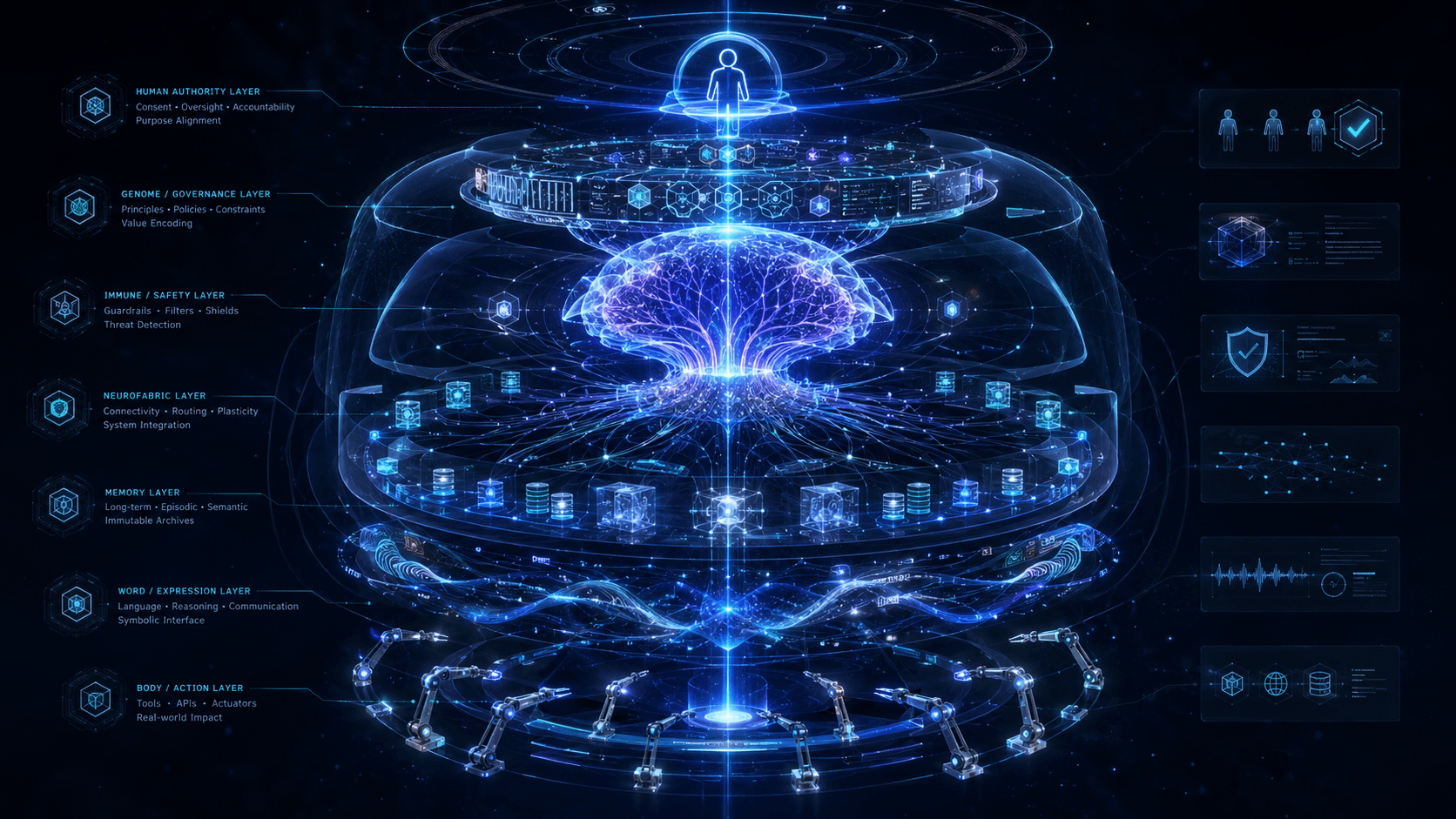 Layered HumaGenic AI service approach showing connected oversight, memory, safety, expression, and action systems
