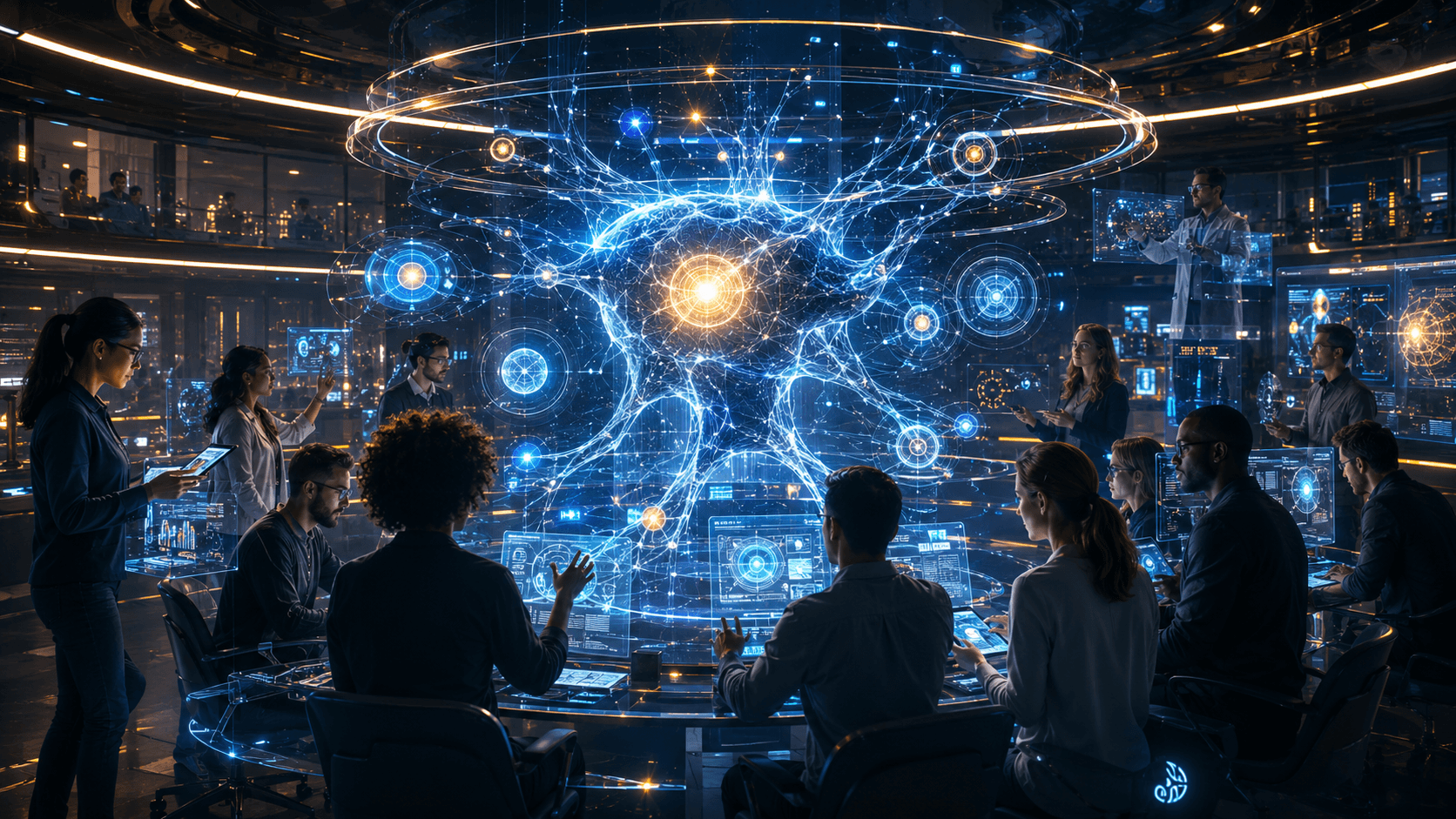 Researchers studying a luminous human-guided AI system model in a collaborative AI research lab