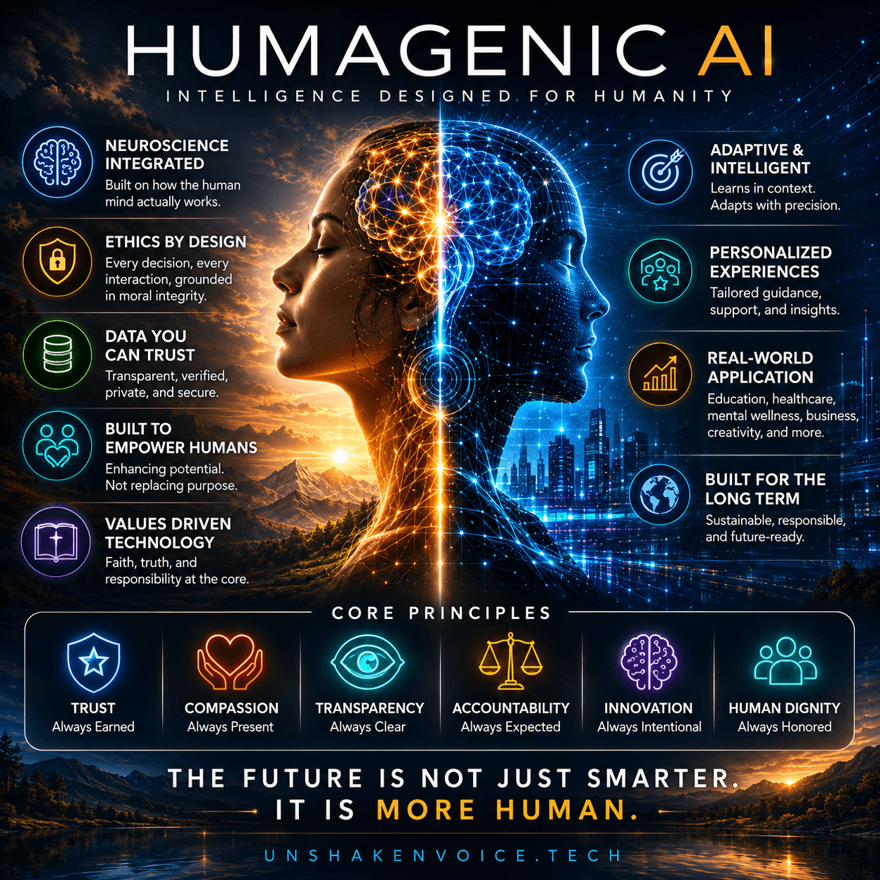 HumaGenic AI principles map describing intelligence designed for humanity